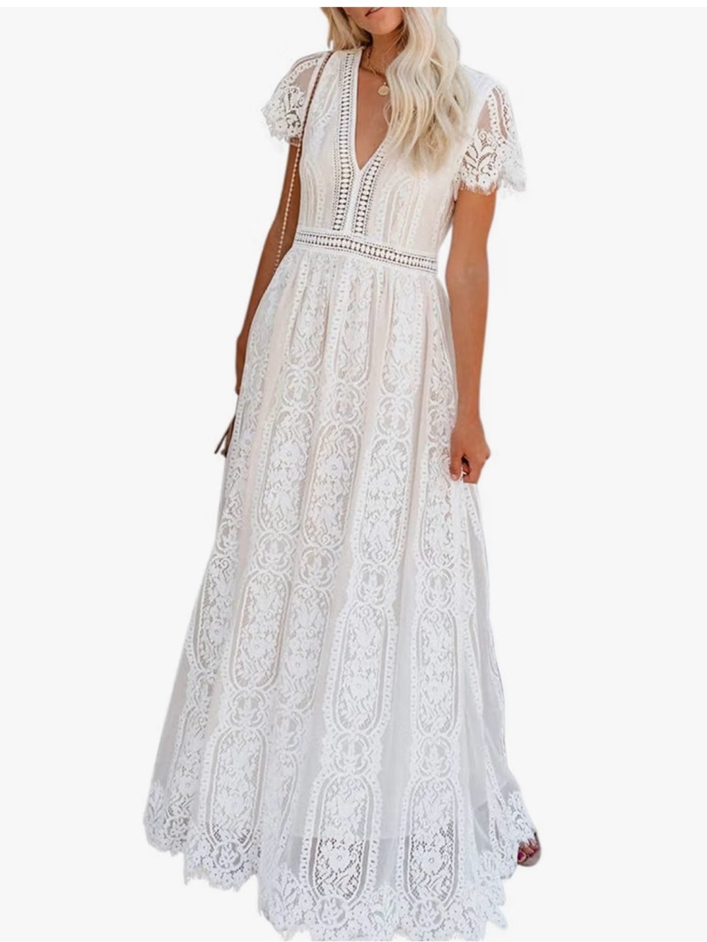 Bohemian White Lace Maxi Dress with V-Neck